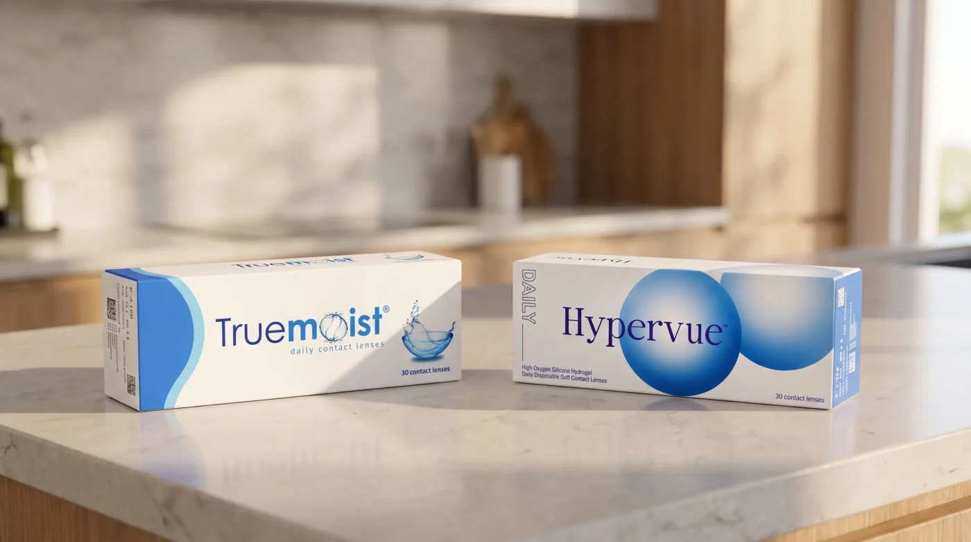 Truemoist hydrogel and Hypervue silicone hydrogel contact lens boxes side by side on a kitchen bench
